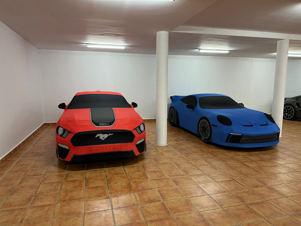 a mustang and a porsche covered by our printed made to measure covers 