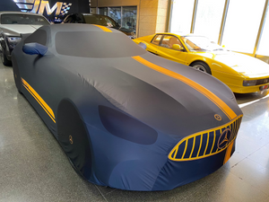 a mercedes bespoke car cover with printed design replicating the car design